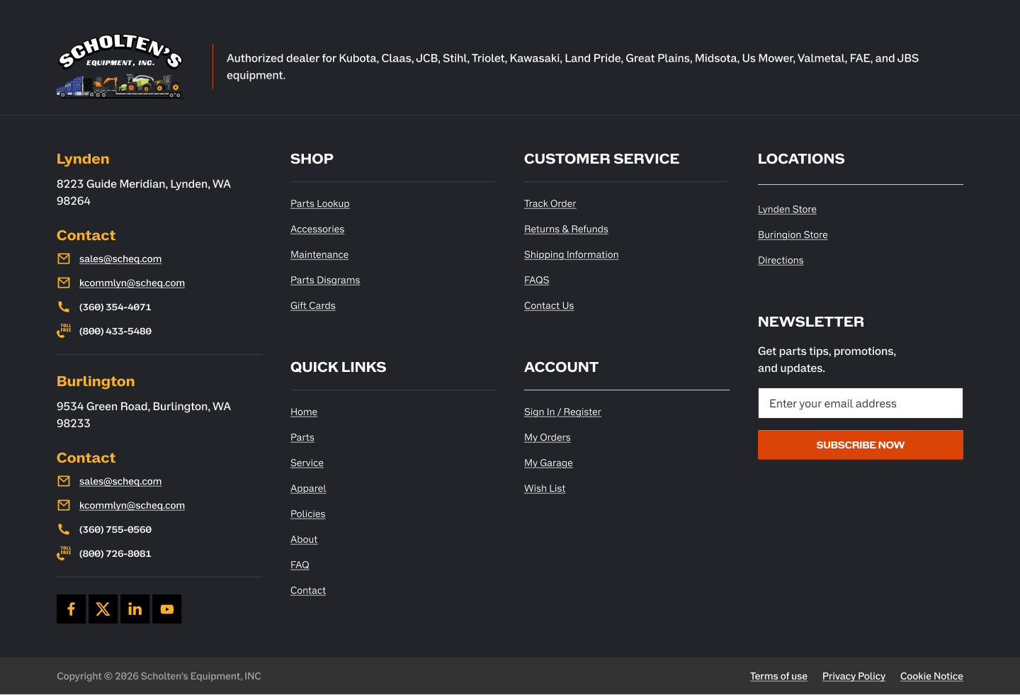 Figma design of the footer listing the Lynden and Burlington stores, links and newsletter signup