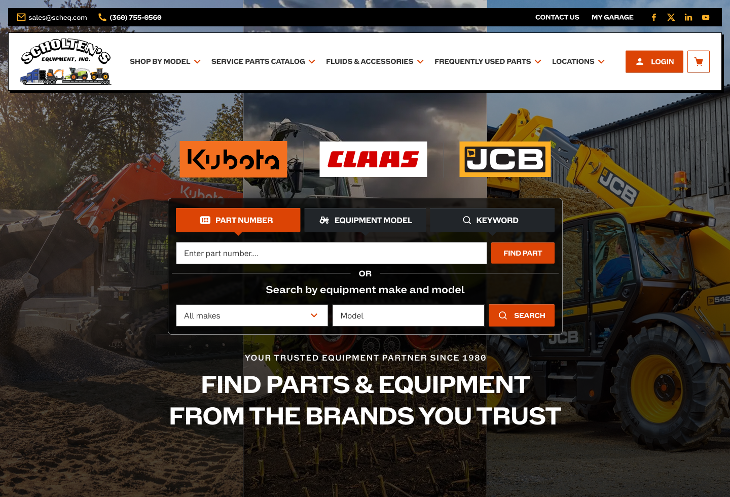 Figma design of the scholtenparts.com homepage: utility bar, mega-menu navigation, login and cart over a Kubota, CLAAS and JCB hero