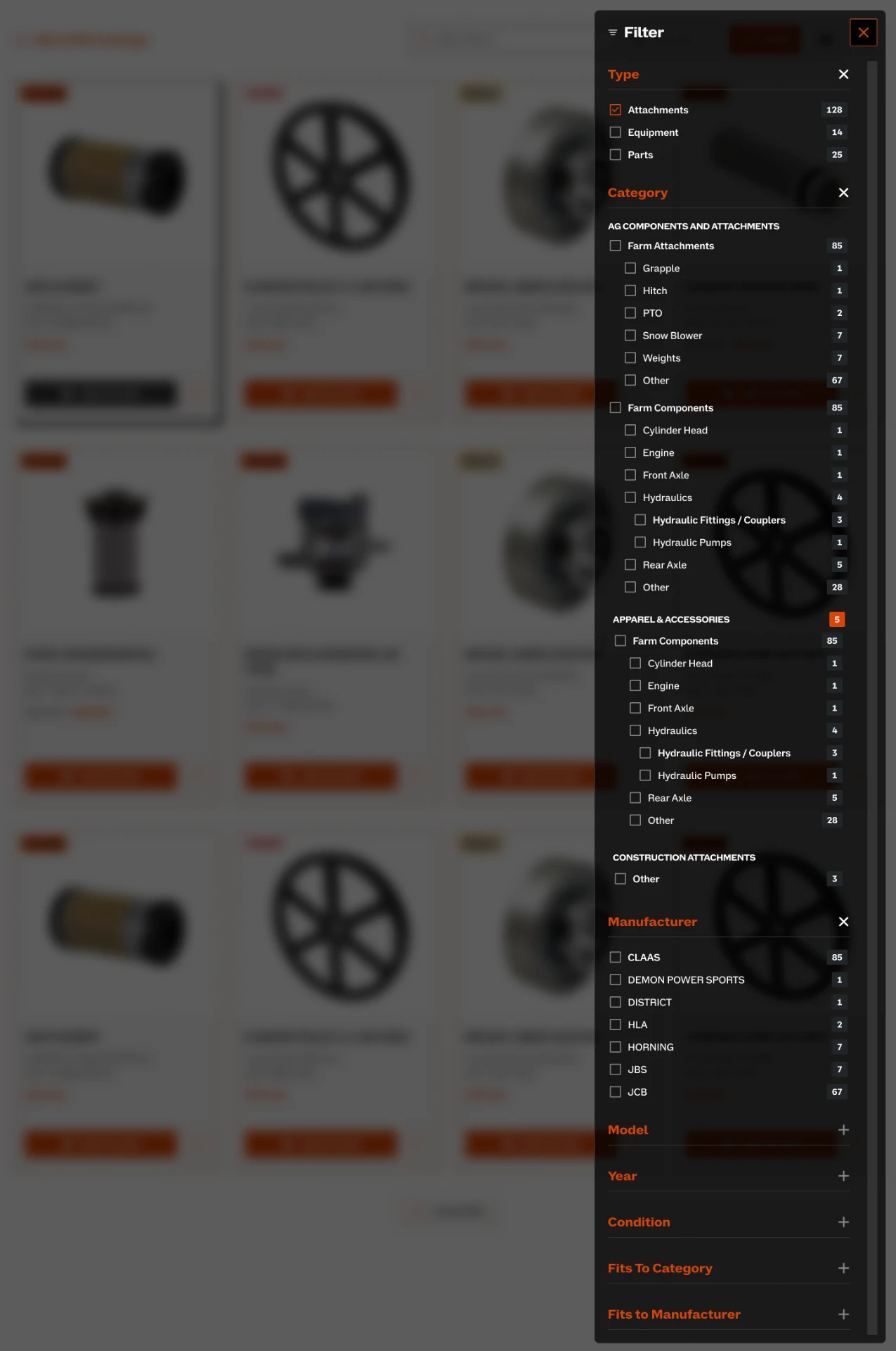 Figma design of the dark faceted filter drawer with type, category and manufacturer facets and counts